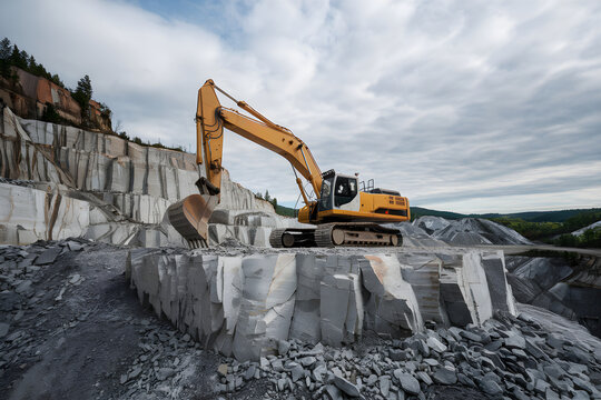 Excavator working in a granite quarry under cloudy sky