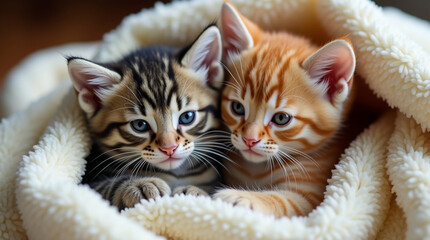 Fluffy Kittens Cuddling Together in a Cozy Blanket