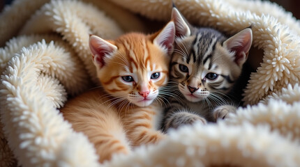 Fluffy Kittens Cuddling Together in a Cozy Blanket