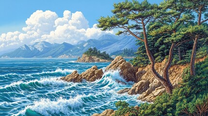 Majestic Coastal Scene With Waves Crashing On Rocky Shores