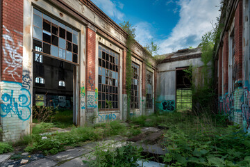 Obraz premium Abandoned industrial building with broken windows and graffiti showing urban decay
