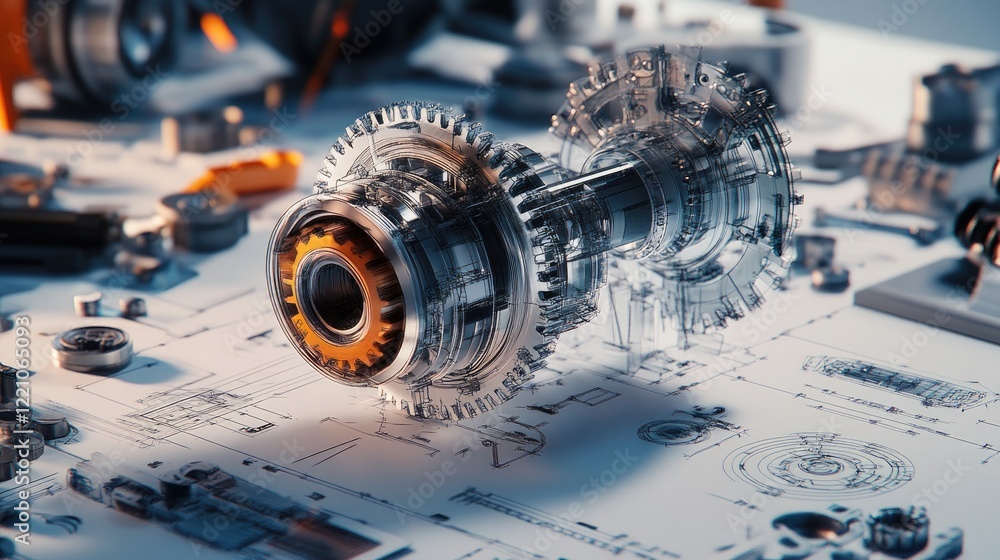 Poster A detailed view of a gearbox design process, with technical blueprints and 3D printed prototypes laying the foundation for innovation.