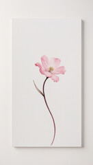 Graceful Vintage Watercolor Painting of Pink Flower with Green Stem on White Background Featuring Soft Timeless Detail