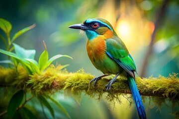 Obraz premium Turquoise-Browed Motmot in Lush Central American Rainforest - Vibrant Wildlife Photography