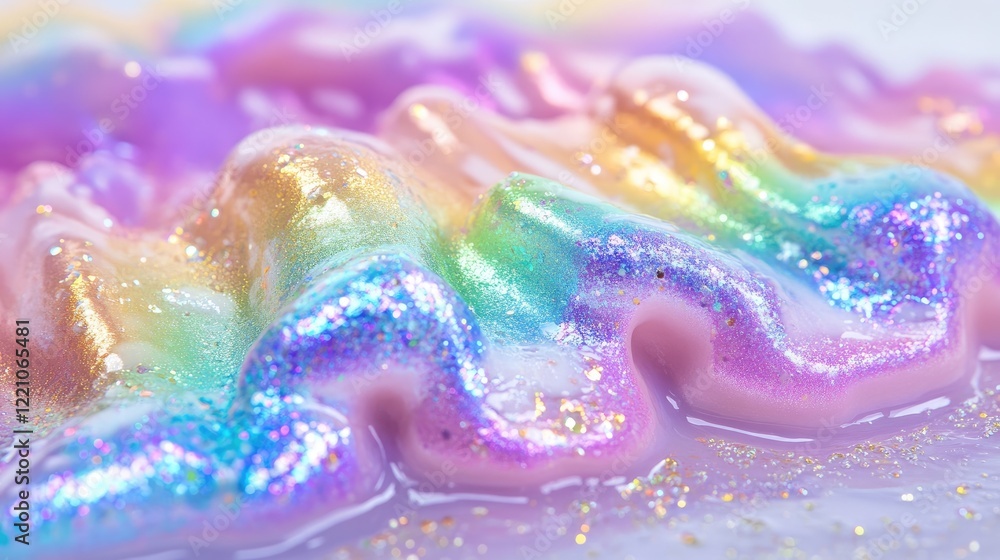 Poster a detailed view of iridescent rainbow clay with a soft, foamy texture, reflecting a range of colors 