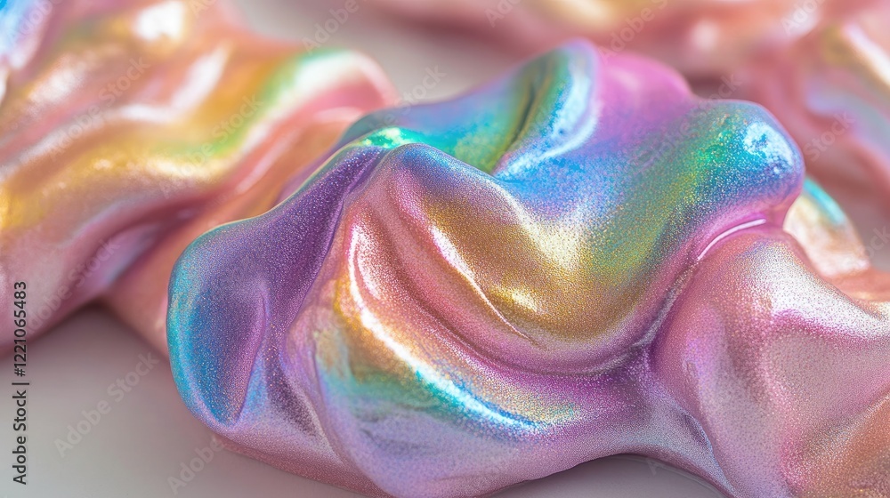 Poster a detailed view of iridescent rainbow clay with a soft, foamy texture, reflecting a range of colors 