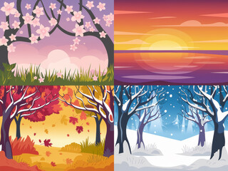 Four seasons landscape: cherry blossoms, sunset, autumn leaves, winter snowfall