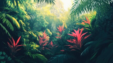 Lush Tropical Rainforest With Vibrant Red Flowers