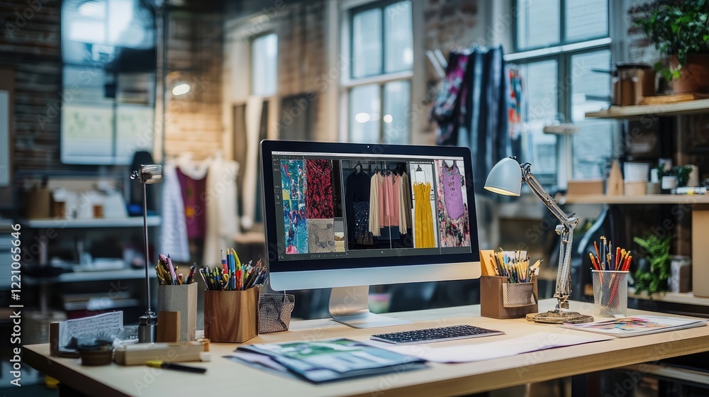 Poster A digital fashion design workstation with a computer screen displaying a design, complemented by a mannequin ready for clothing prototyping.