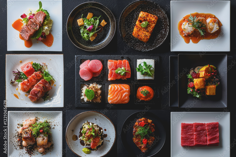 Poster a variety of different types of food neatly arranged on plates including fruits vegetables meats and