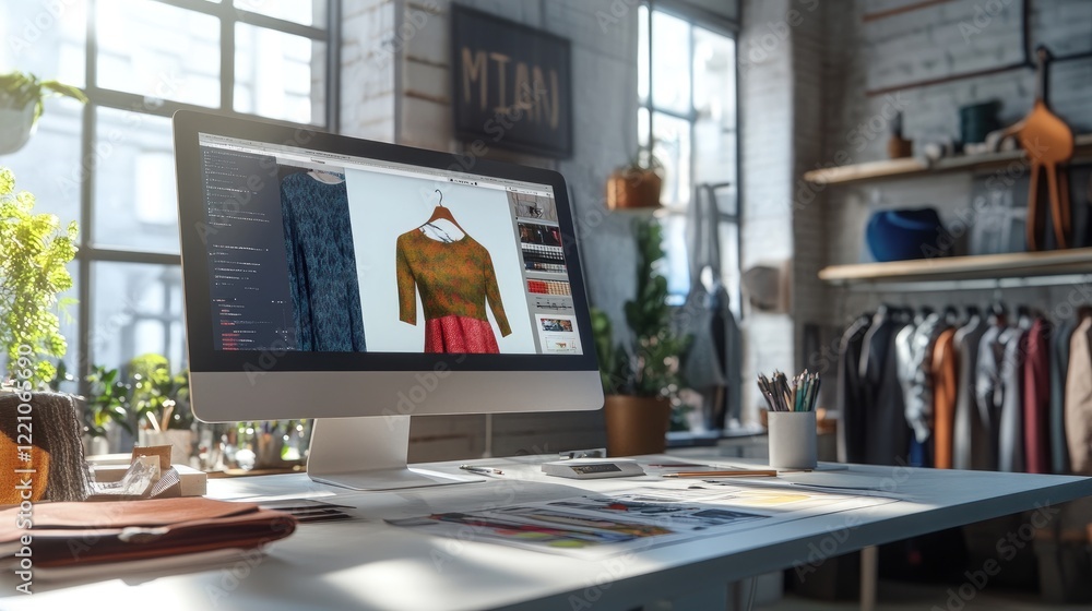 Poster A digital fashion design workstation with a computer screen displaying a design, complemented by a mannequin ready for clothing prototyping.