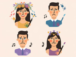 Fototapeta premium Artistic emotions: male and female characters depicting happiness and sadness