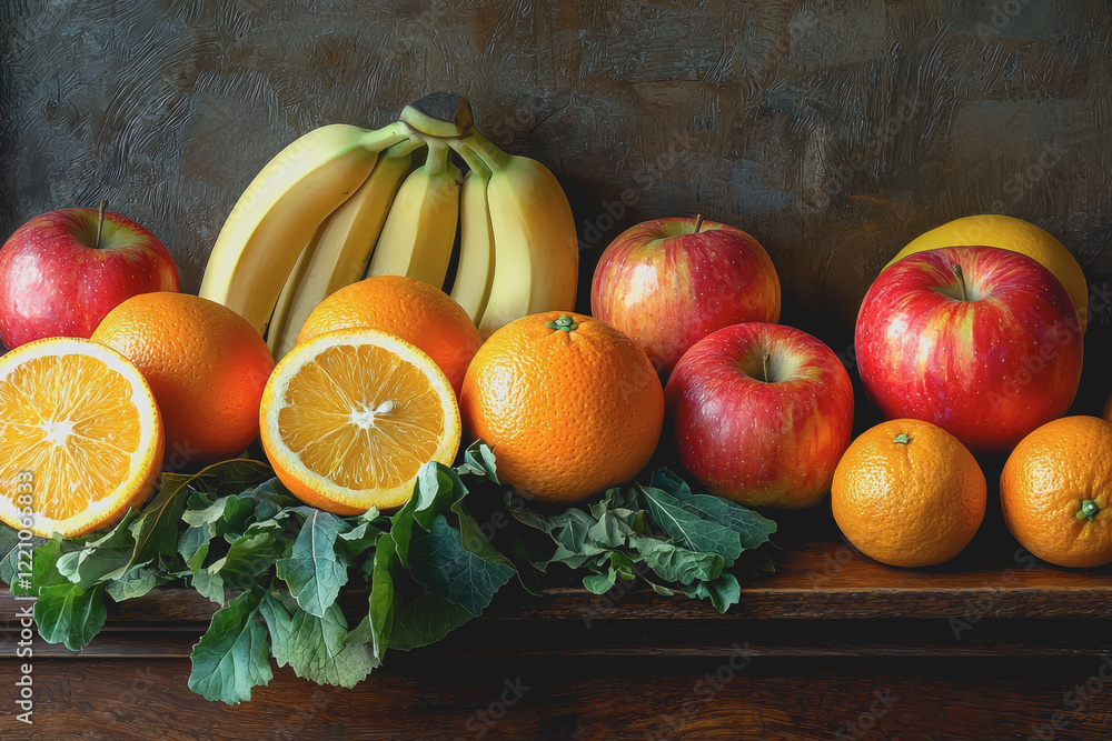 Poster assorted fresh fruits including oranges and apples arranged on a wooden table with a natural setting