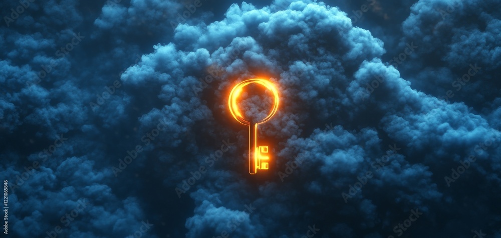 Poster a glowing key symbol amidst dark clouds representing unlocking potential or solutions in a digital w