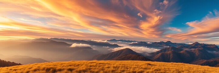 Obraz premium Breathtaking Mountain Panorama at Sunset – Scenic Nature Background with Clouds, nature background, panoramic view, peaceful mountain view