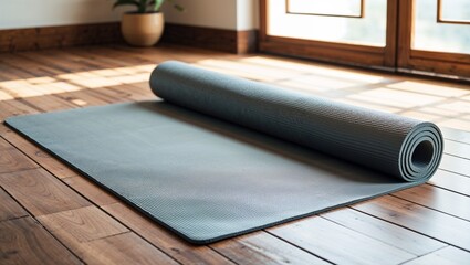 A grey yoga mat lays unrolled on wooden floor for use