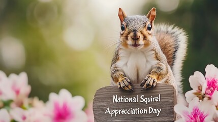 Squirrel Standing on Wooden Sign with National Squirrel Appreciation Day Message Surrounded by Vibrant Flowers in a Natural Setting