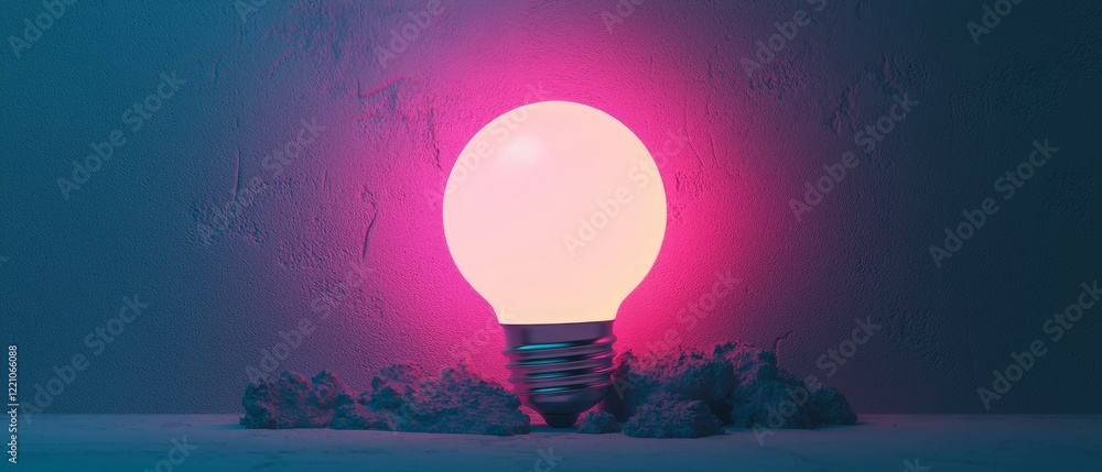 Poster a glowing light bulb emits a soft pink glow on a textured surface, creating a calming and modern atm