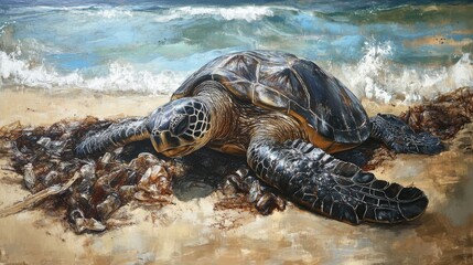 A distressed turtle trapped in plastic on a polluted beach, serving as a powerful visual reminder of the dangers of plastic waste.