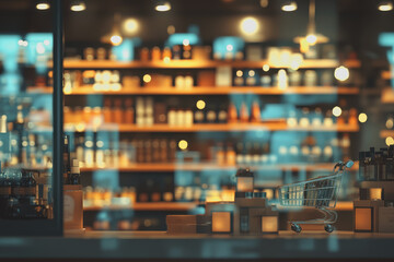 Shopping cart positioned in front of a retail store window displaying various products for sale