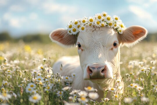 White calf wearing daisy crown lying in field of flowers - Powered by Adobe