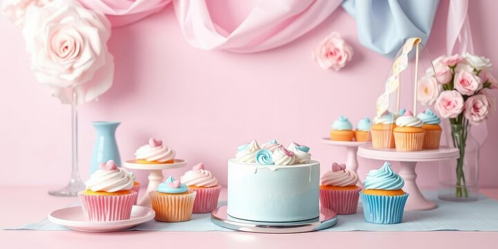 A pink and blue themed dessert table with cupcakes and cake, cake stand, spring treats, pink and blue desserts