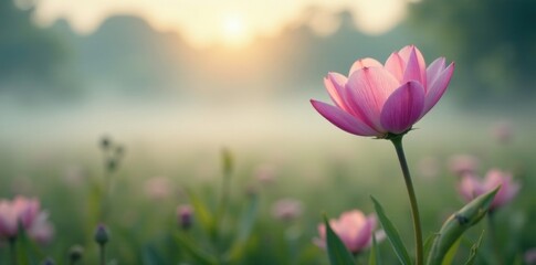 Obraz premium Gentle morning fog wraps around a delicate flower, nature, gentle, landscape