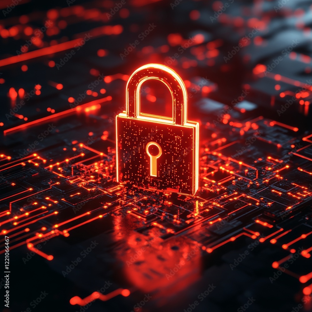 Poster a glowing lock symbol amidst a digital circuit background, representing cybersecurity and data prote