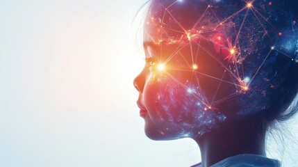 Child face blended with Earth global network theme focus on expression copy space radiant color gradients double exposure silhouette with connection lines.