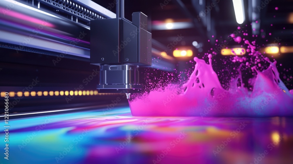 Poster a dynamic shot of an industrial inkjet printer releasing vibrant colors onto large format media in a