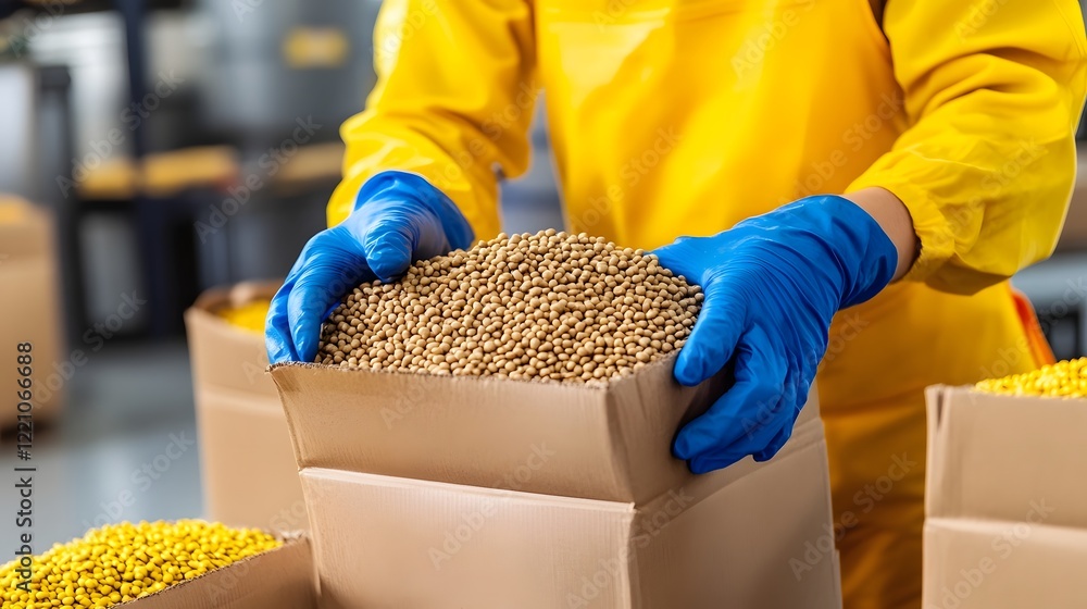 Poster worker placing warning labels on recalled food items for safety and risk mitigation in distribution