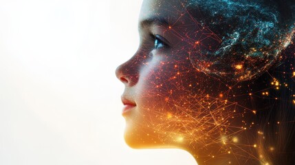 Child face blended with Earth global network theme focus on expression copy space radiant color gradients double exposure silhouette with connection lines.