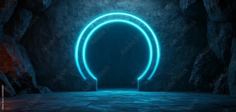 Poster a glowing neon portal in a cave-like setting, symbolizing transition and possibilities in a futurist
