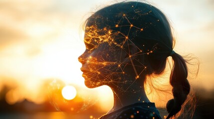 Child face blended with Earth global network theme focus on expression copy space radiant color gradients double exposure silhouette with connection lines.