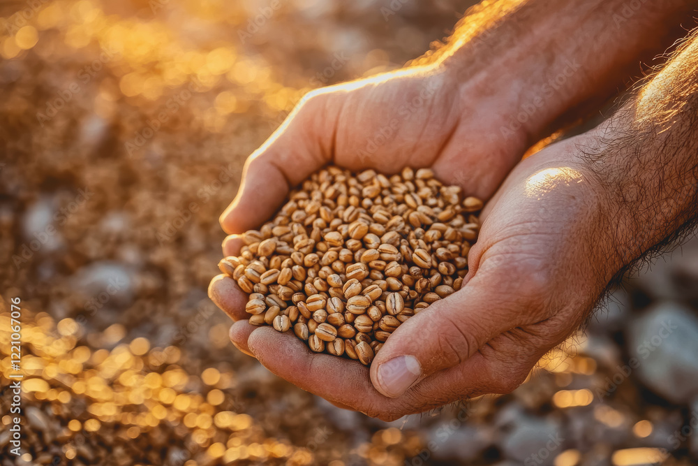 Poster man holding a handful of coffee beans with a natural setting in the background