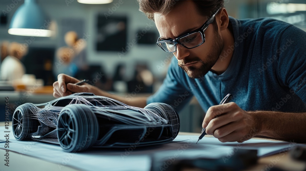 Poster a focused automotive designer draws precise lines on a prototype car model, bringing the vision of a