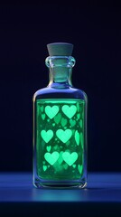 A glowing potion in a glass bottle filled with heart-shaped patterns, symbolizing love and enchantment in a mystical setting.