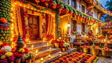 Vibrant Flower & Candle Festival Decorations: Traditional Architecture Photography