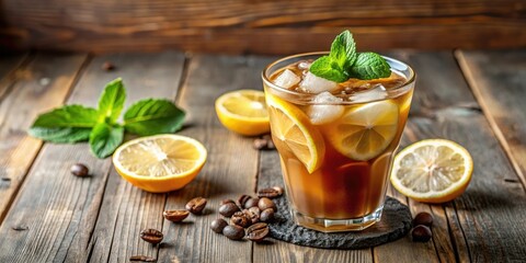 A refreshing glass of iced coffee sitting on a wooden table next to a few slices of lemon and a sprig of mint leaves, wood, drink, citrus, beverage, herbal