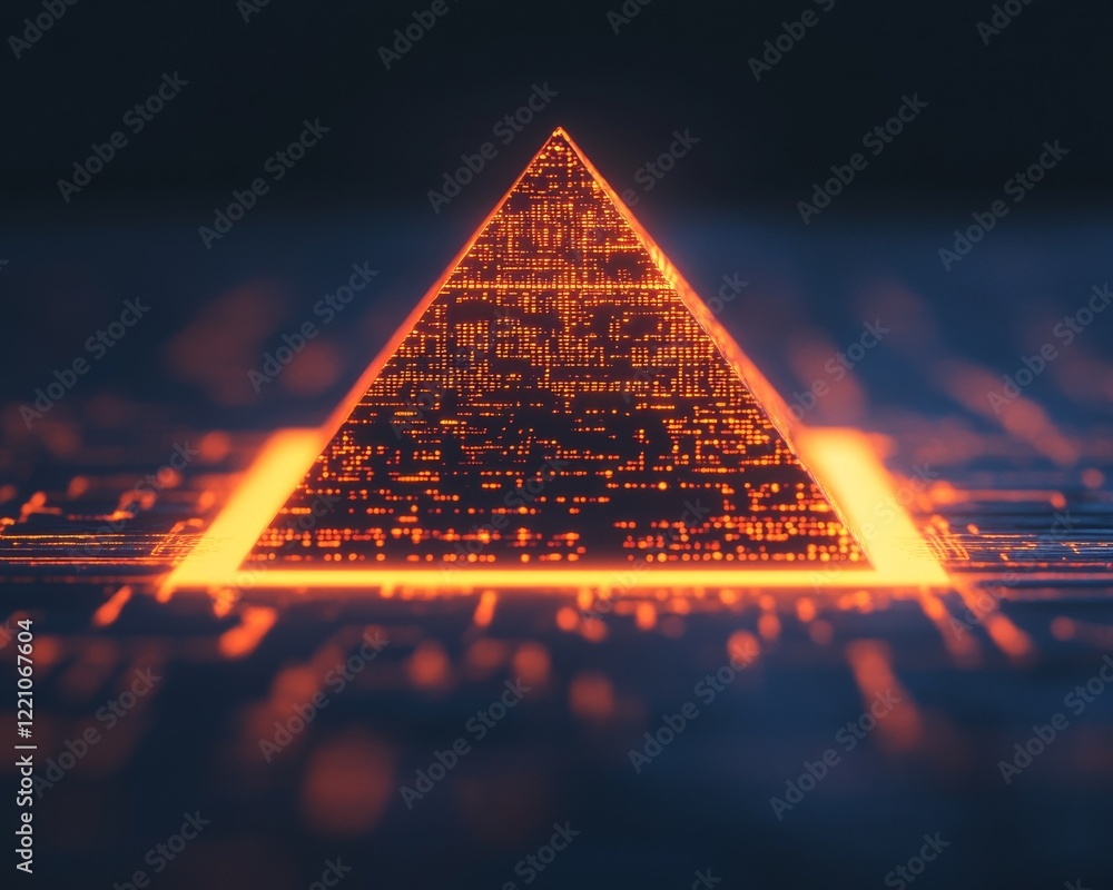 Poster a glowing pyramid with intricate patterns, representing data, technology, and innovation in a digita