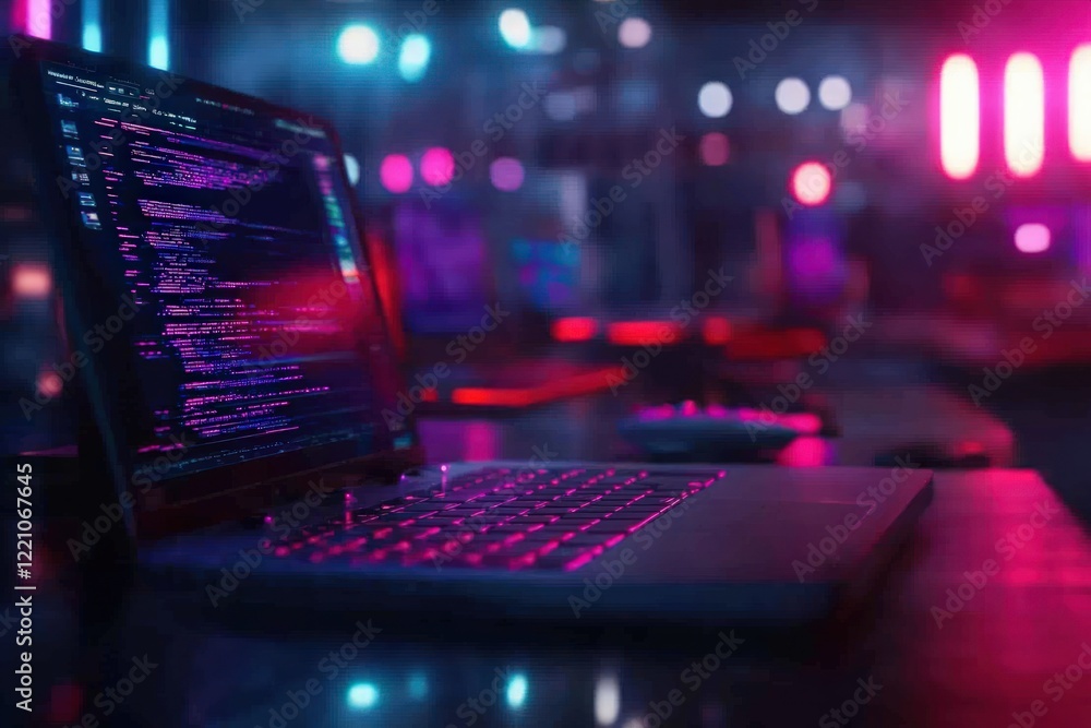 Poster a vibrant laptop glows with colorful code in a futuristic setting, showcasing a tech-focused environ