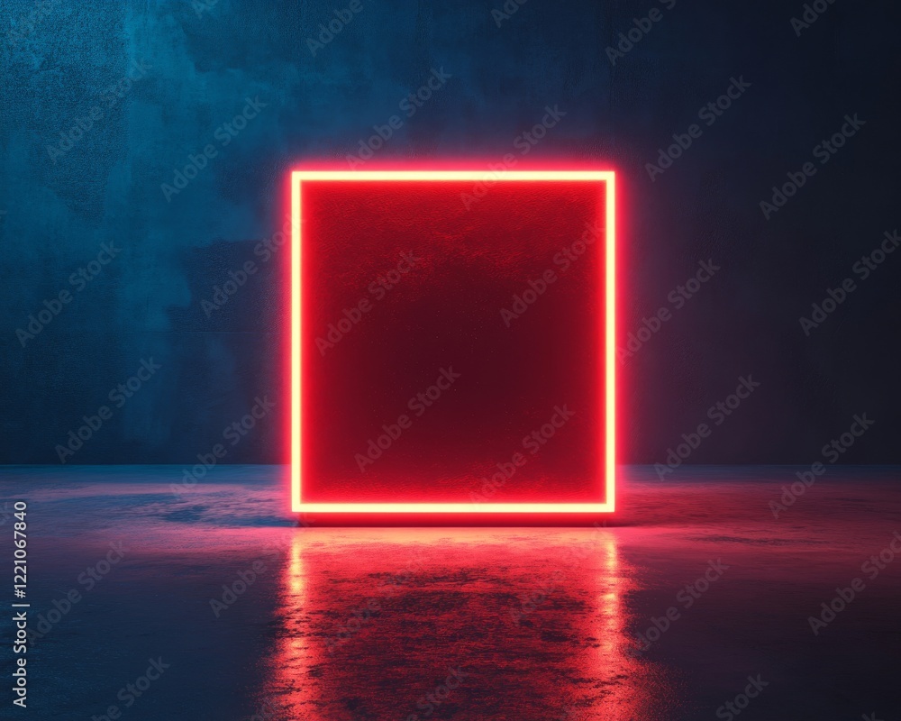 Poster a glowing red neon square stands in a dimly lit space, creating a striking visual contrast with the 