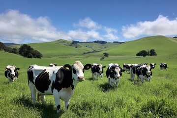 Cows grazing in a green field with rolling hills in the background