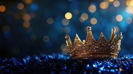 A golden crown on a bold blue background, enhanced by glowing, ethereal bokeh, creating an atmosphere of luxury and grandeur.