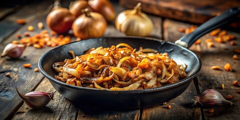 Urban Decay: Crispy Fried Onions in a Rusty Pan - Stock Photo
