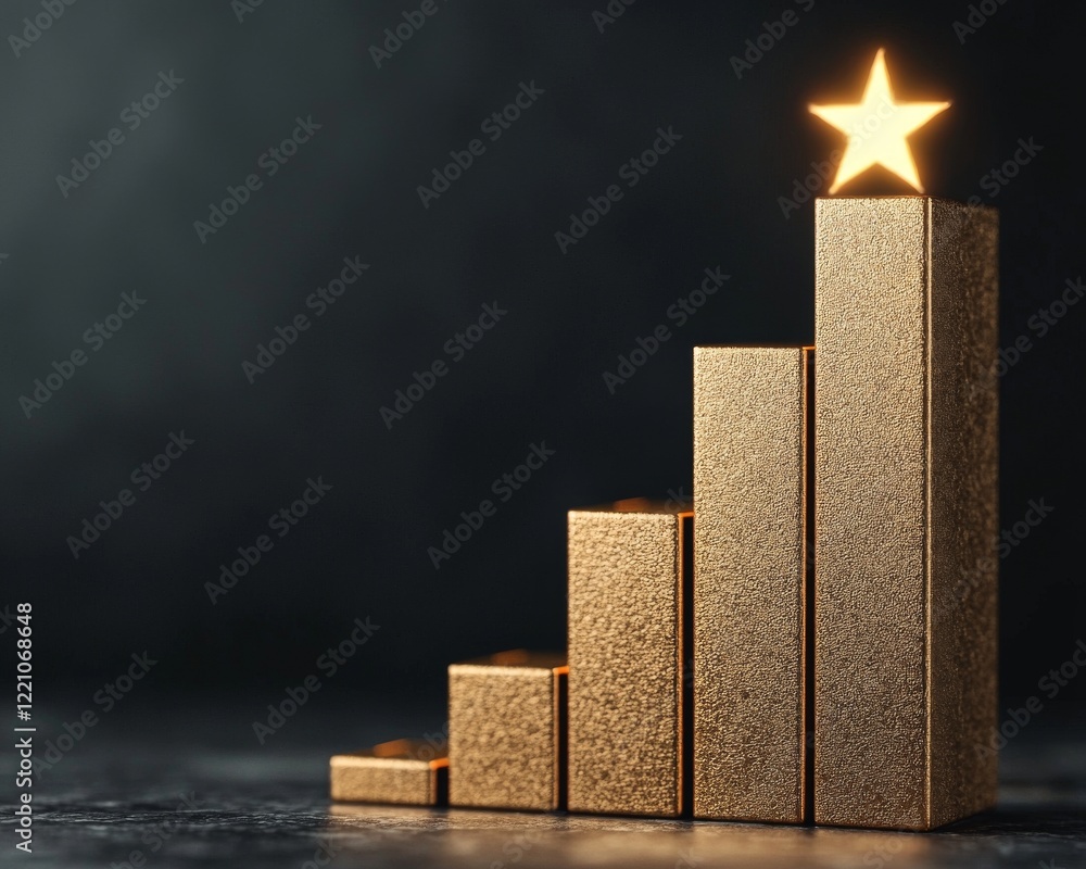 Poster a golden star atop a 3d bar chart symbolizing success and growth in business metrics and performance