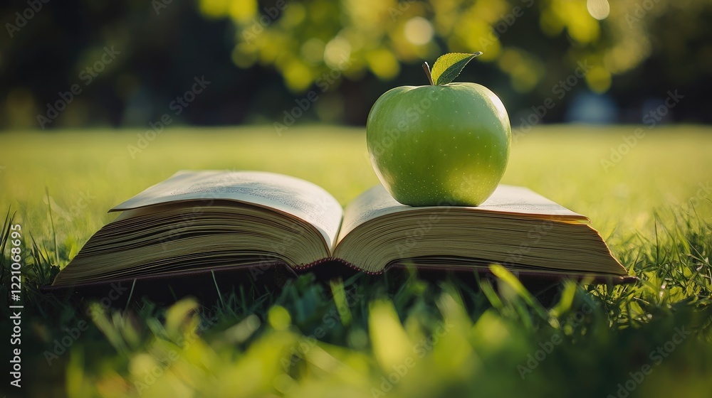 Poster a green apple atop an open book in a field of lush grass, blending the freshness of nature with the 
