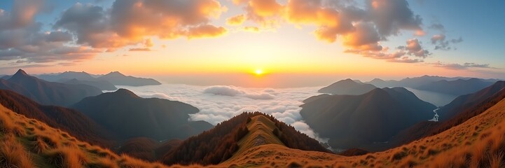Breathtaking Mountain Panorama at Sunset – Scenic Nature Background with Clouds, nature background, panoramic view, peaceful mountain view

