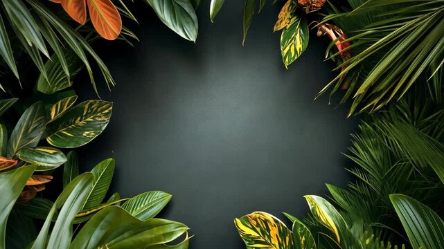 Tropical green and orange leaves forming a natural frame on a dark background; concept of nature, elegance, and botanical design