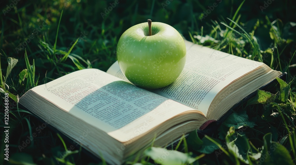 Poster A green apple on an open book, placed on lush grass, symbolizing the refreshing and enlightening combination of nature and knowledge.